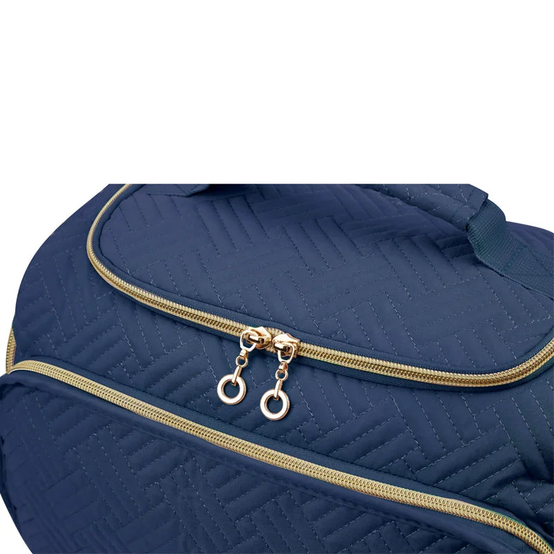 Navy quilted cosmetic organizer bag with gold zipper and handle