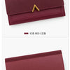 A close-up view of a maroon tri-fold PU card holder wallet in both the front and back sides.