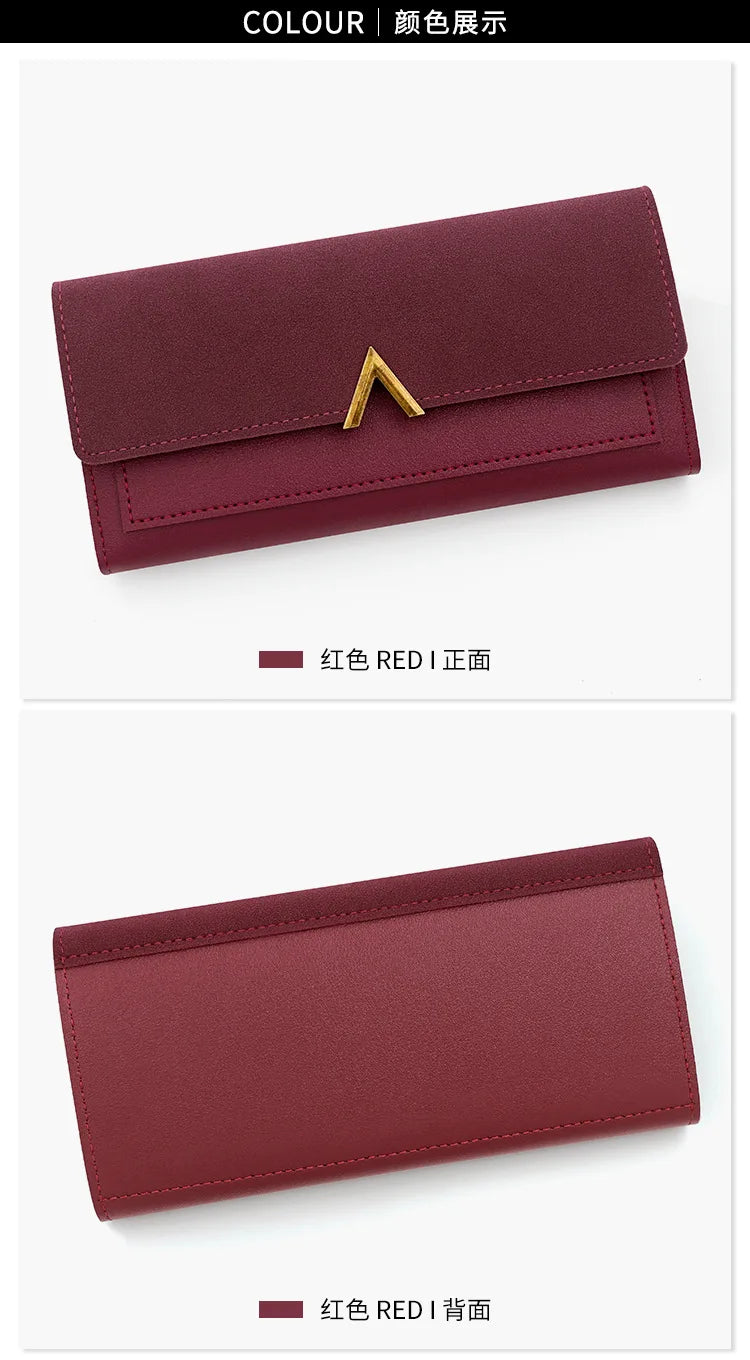 A close-up view of a maroon tri-fold PU card holder wallet in both the front and back sides.