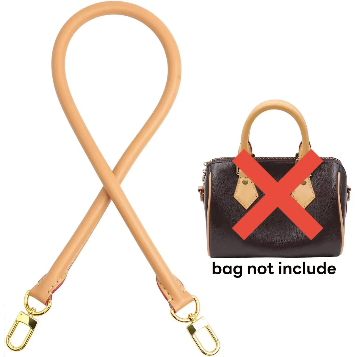 A tan leather replacement shoulder strap is shown crossed, with a brown handbag and an 'X' indicating the bag is not included