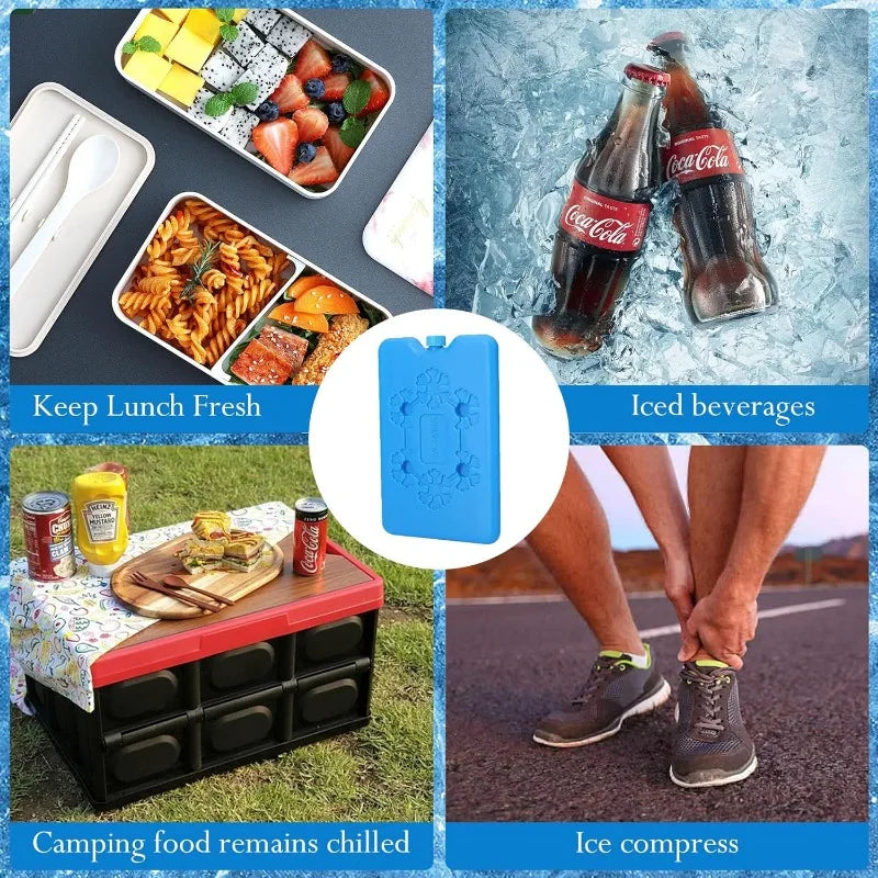 Reusable gel ice pack set used to keep lunch boxes and coolers fresh and food chilled.