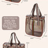 Three sizes of clear waterproof travel toiletry bags shown with dimensions and weight comparisons.
