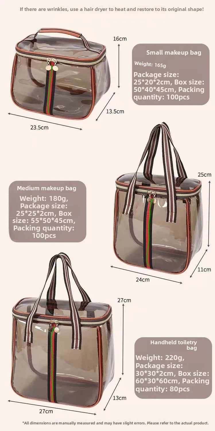 Three sizes of clear waterproof travel toiletry bags shown with dimensions and weight comparisons.