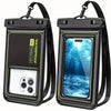A black waterproof phone case with a clear window and a black strap is shown.