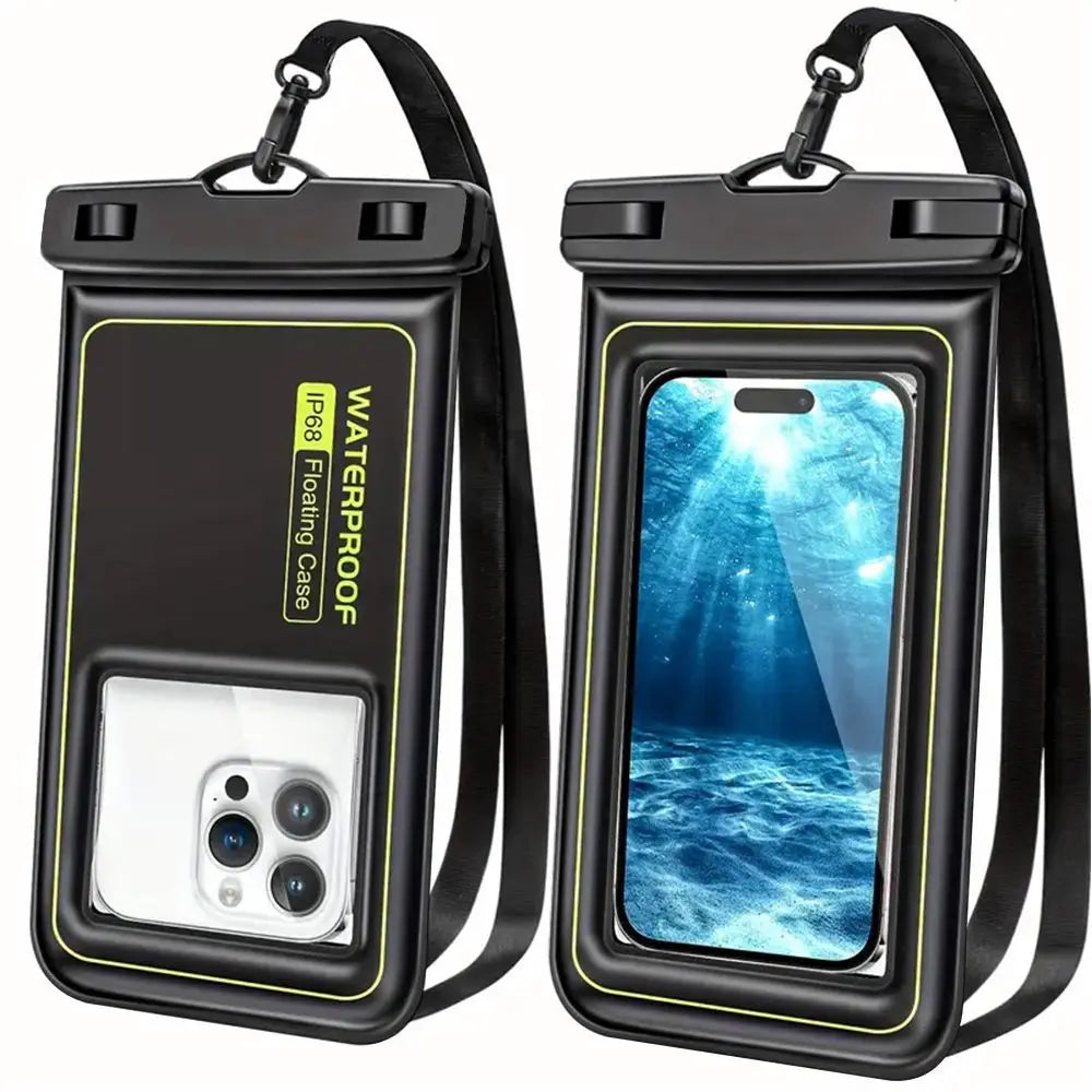 A black waterproof phone case with a clear window and a black strap is shown.