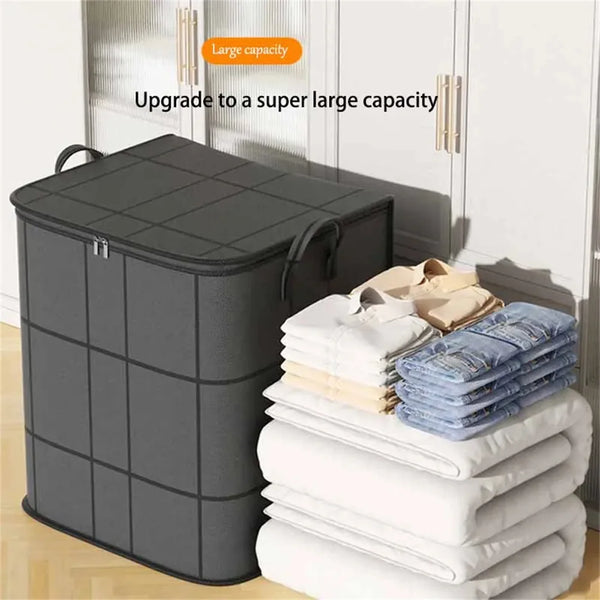 A gray foldable non-woven storage bag is shown next to a stack of white and blue folded textiles.