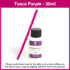 Bouteille de peinture à bords pour cuir Tosca Purple, à base d'eau, avec un applicateur en bois visible.