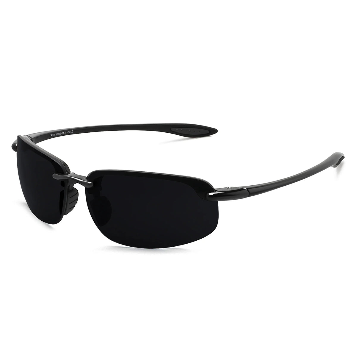 Black rimless polarized sports sunglasses viewed from the front