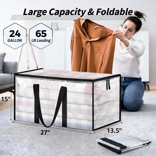 A woman is holding a large foldable storage bin with an orange garment inside, demonstrating its capacity and portability.