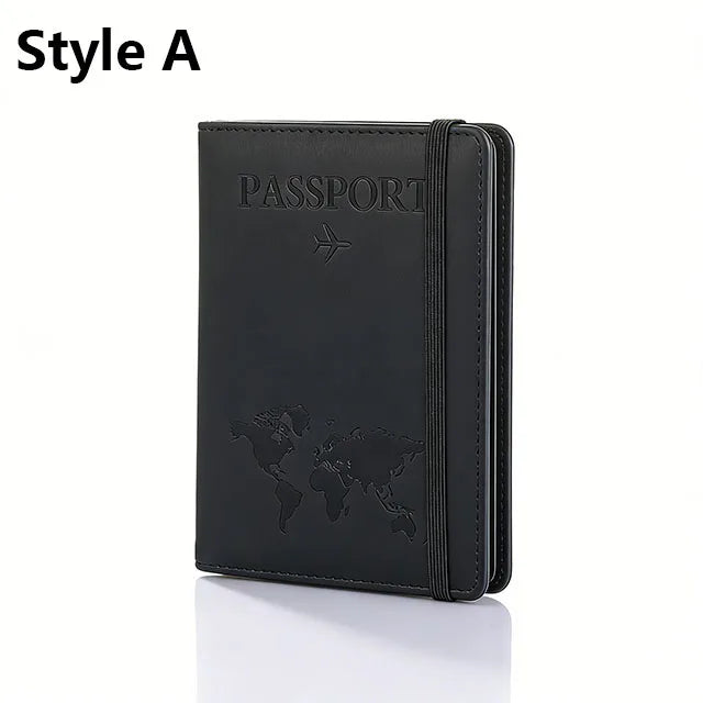 Black slim passport holder with a leather-like finish and a world map design