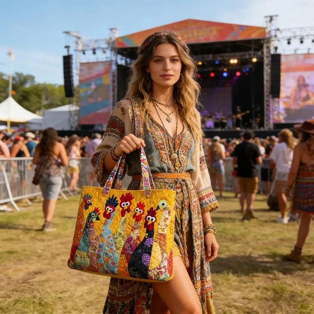 Una mujer con vestido floral y joyas sostiene un colorido bolso acolchado vintage al aire libre.