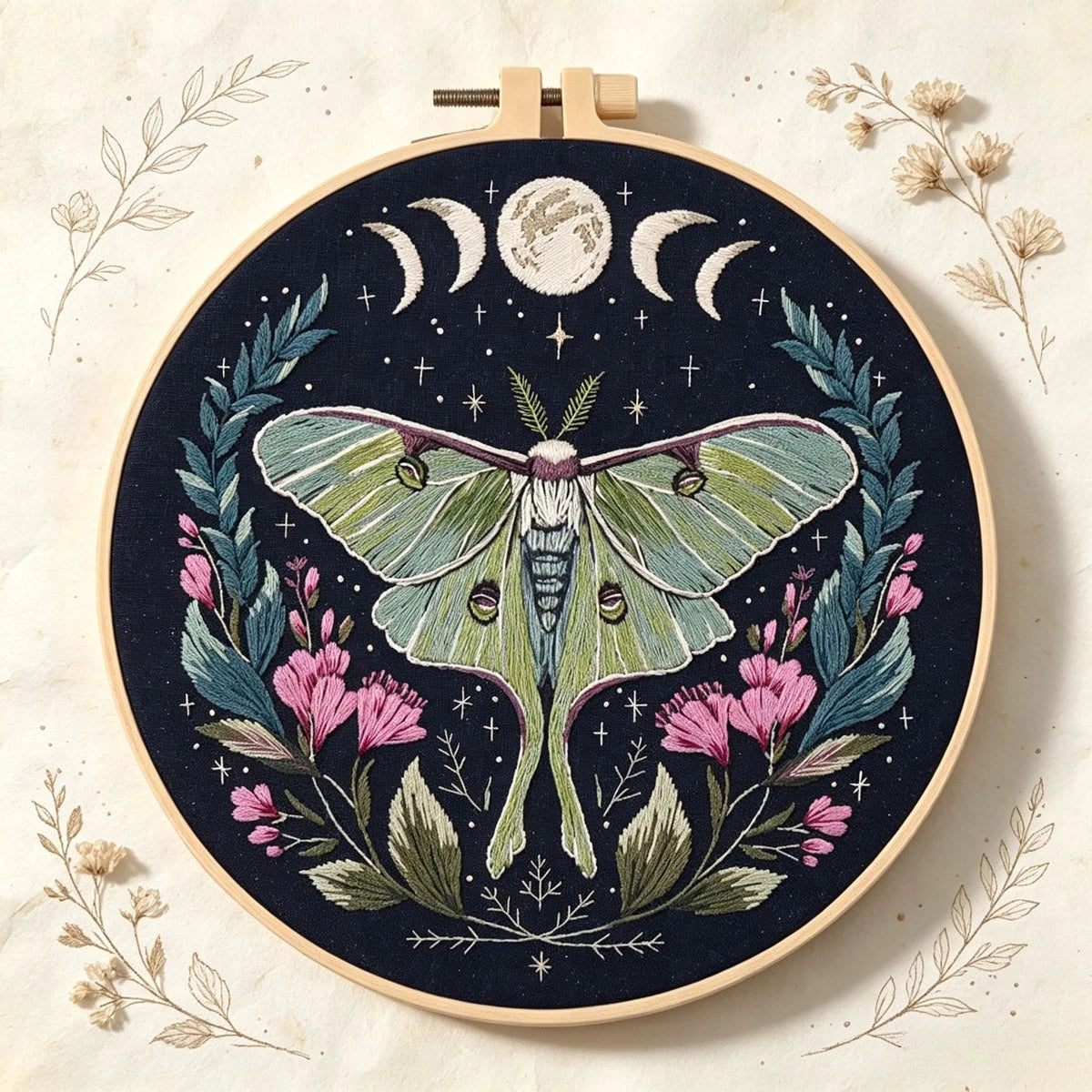 A circular embroidery hoop featuring a detailed floral and butterfly design in shades of green, pink, and dark blue thread.