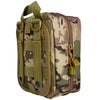 A camouflage tactical waist pack first aid kit bag in olive green and brown patterns.