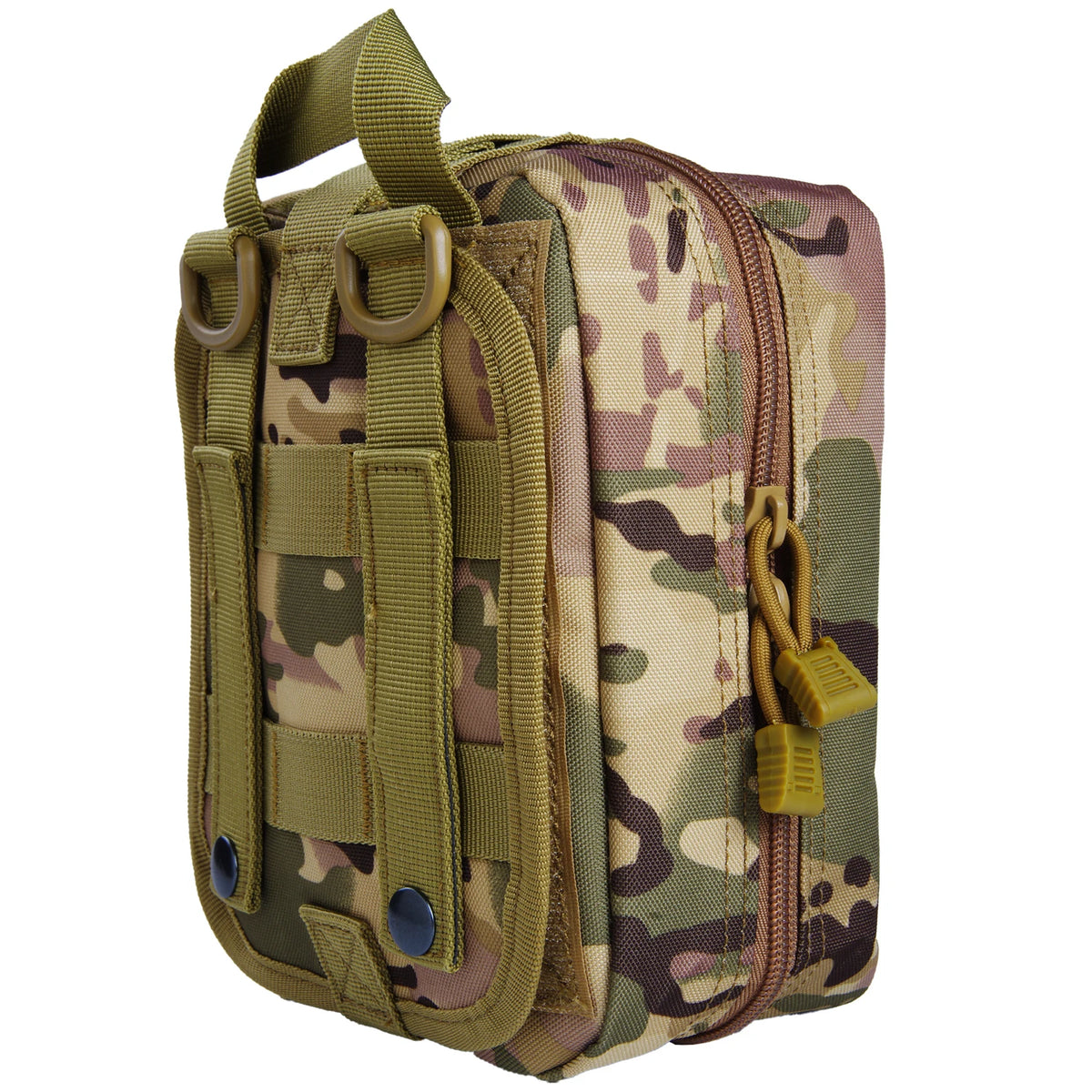 A camouflage tactical waist pack first aid kit bag in olive green and brown patterns.
