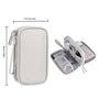 A light gray portable digital accessory organizer pouch with a zipper and strap.