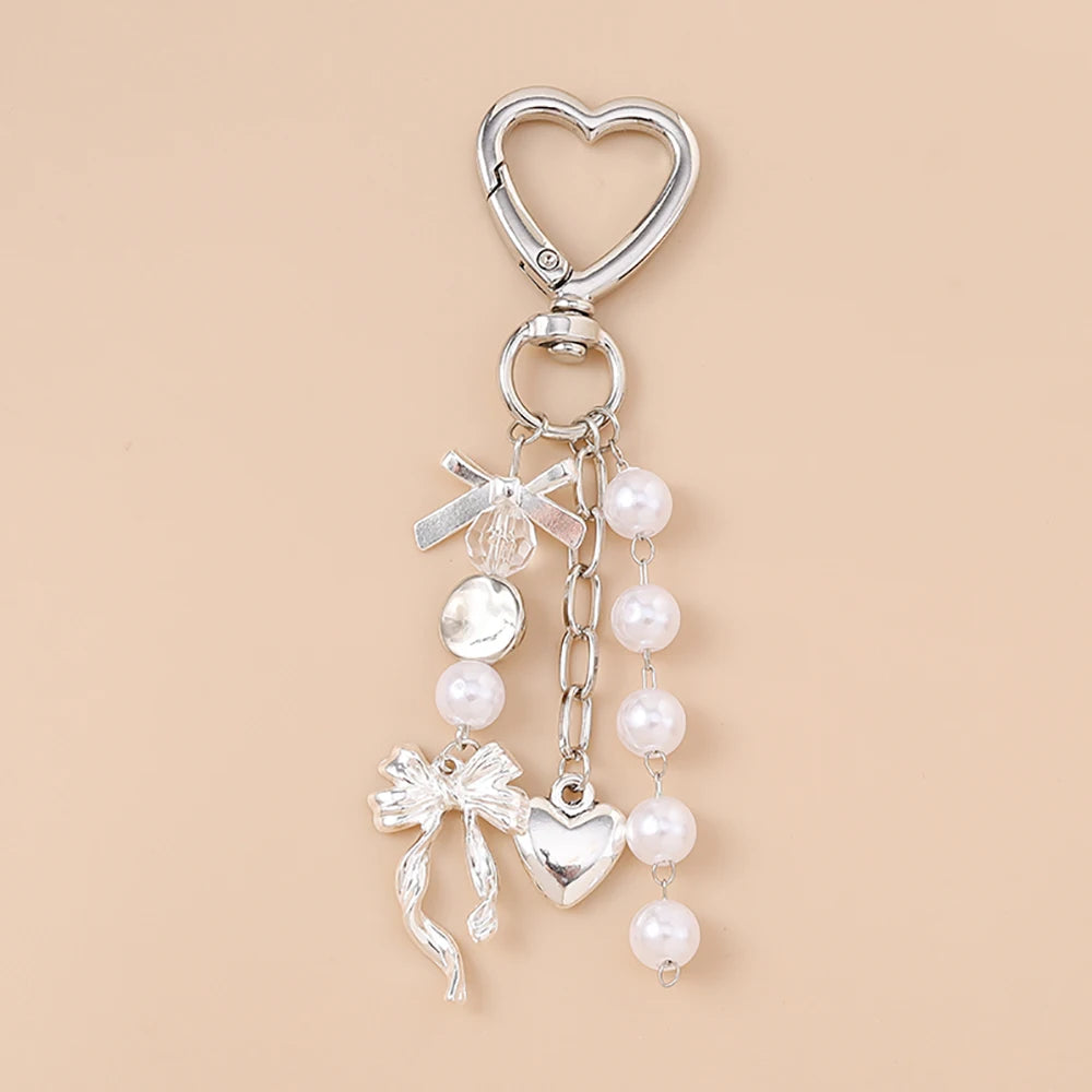 Silver pearl bow heart keychain for bags and keys