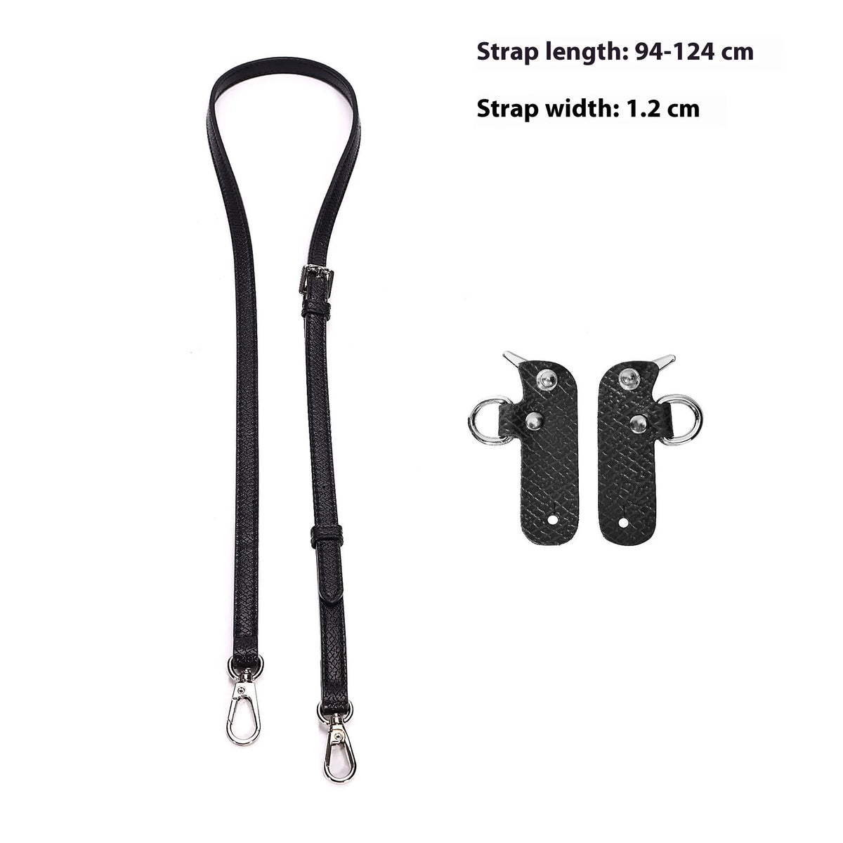 Black adjustable strap set for mini bags with metal hardware and specified dimensions.