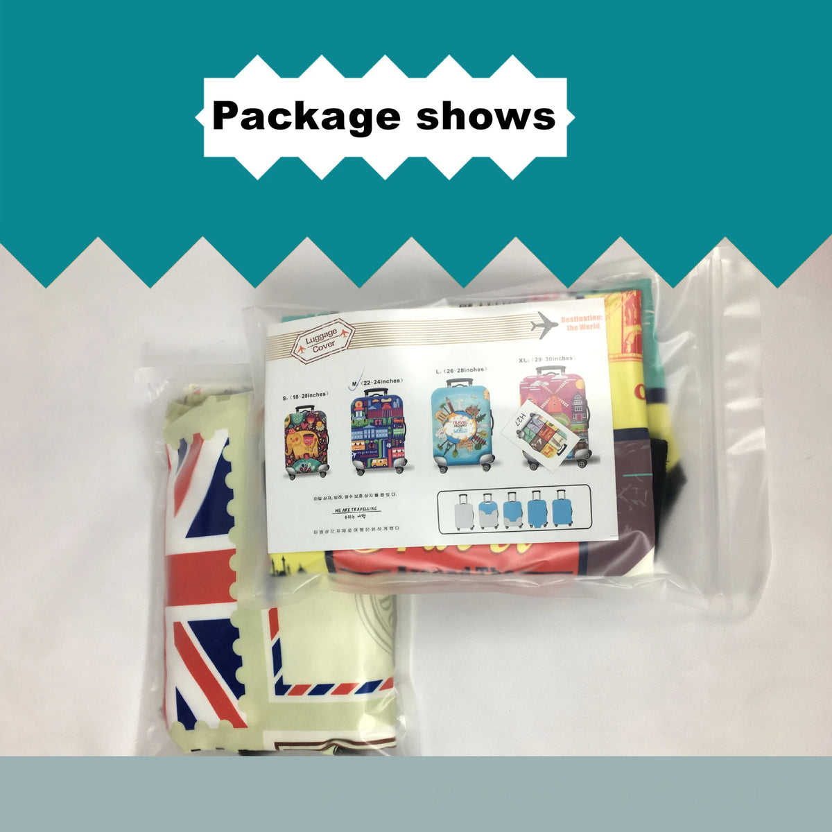 A clear plastic package containing a thick elastic protective cover for luggage, featuring various colorful suitcase designs.