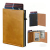 A brown leather card holder wallet displaying several credit cards and an ID card.