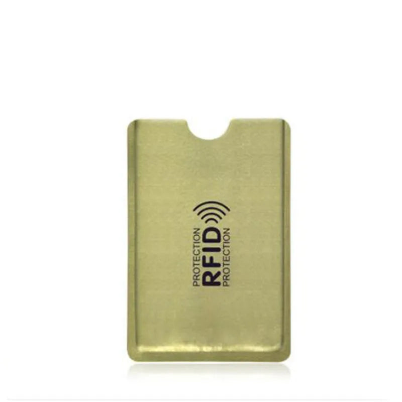 A gold-colored anti-RFID blocking card holder is shown against a white background.