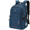Sac à dos d'ordinateur portable suisse bleu marine anti-vol avec sangles noires et accent rouge.
