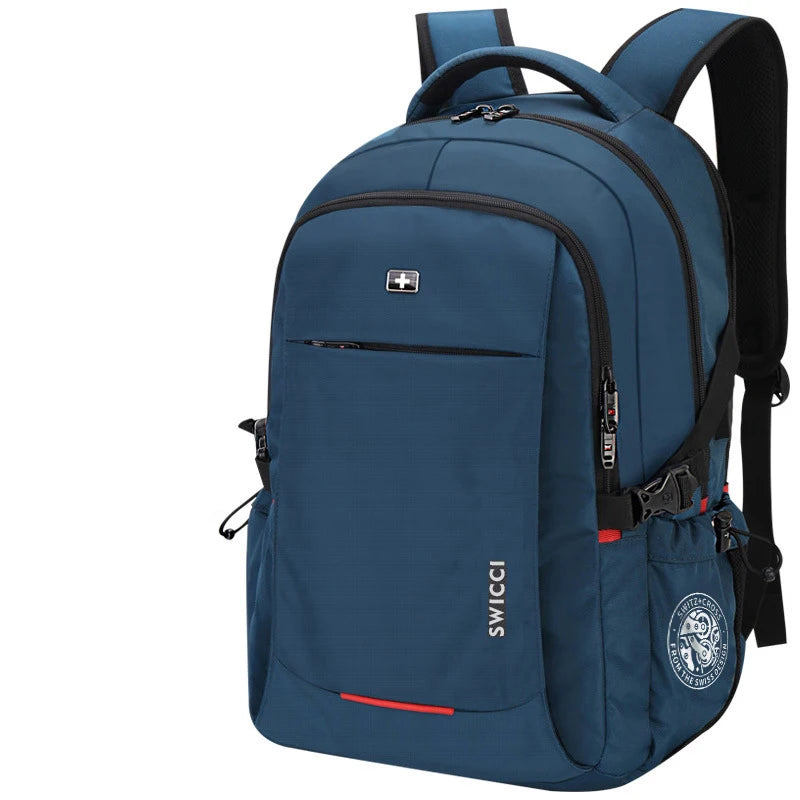 Sac à dos d'ordinateur portable suisse bleu marine anti-vol avec sangles noires et accent rouge.