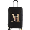 Black premium elastic luggage protective cover with a gold initial M and floral accents