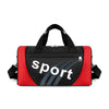 A red and black unisex travel backpack with a black strap and a white sport logo on the front.