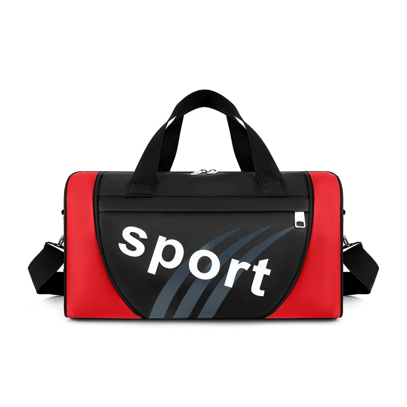 A red and black unisex travel backpack with a black strap and a white sport logo on the front.