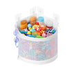 White mesh storage caddy with multiple compartments holding various bath and bedroom items
