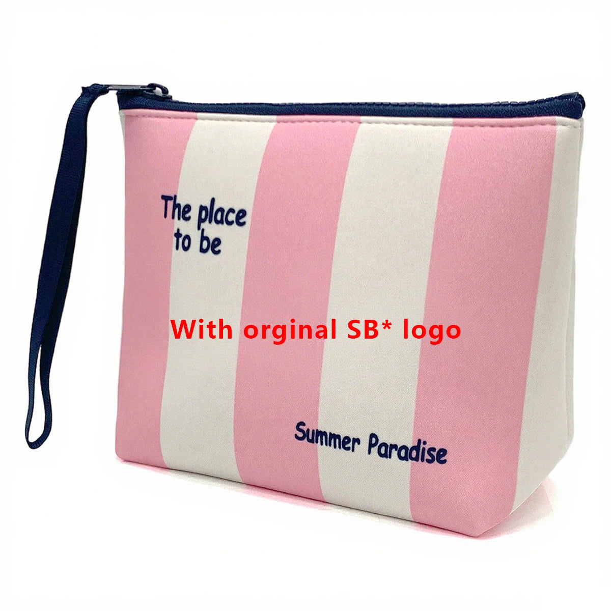 Bolsa cosmética a rayas rosa y blanca con correa azul marino que dice "The place to be" y "Summer Paradise"