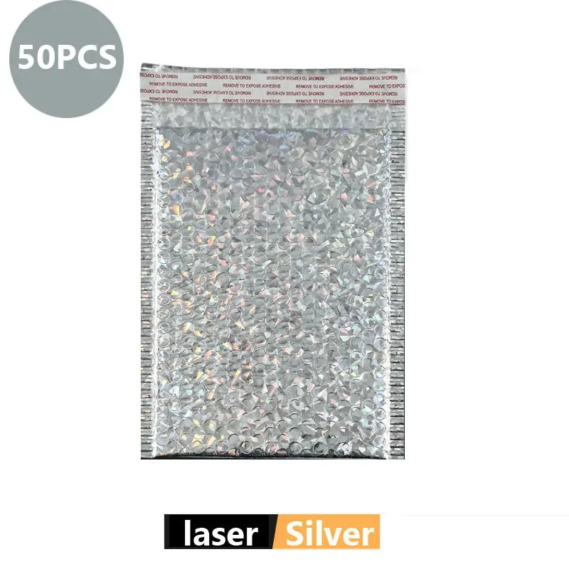 50 pieces of silver holographic bubble mailers with self-seal closure