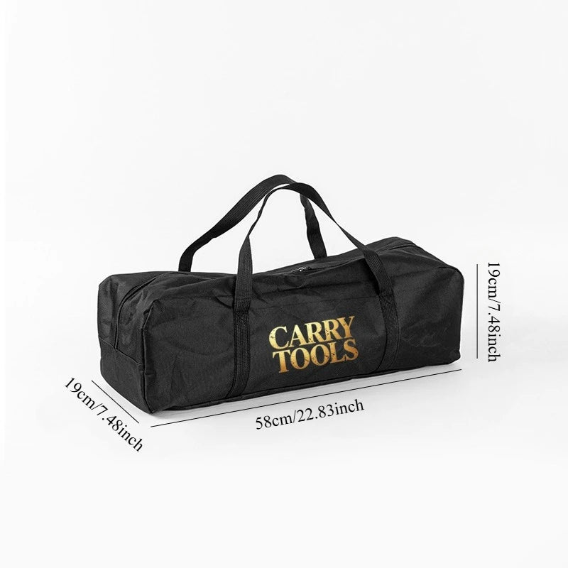 Black durable oxford fabric storage tote with gold lettering for carrying tools