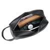 Black vintage PU leather clutch bag with a zipper opening showing a watch and a rolled-up item.