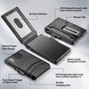 A black RFID blocking pop-up card holder wallet featuring a money clip and various storage pockets.