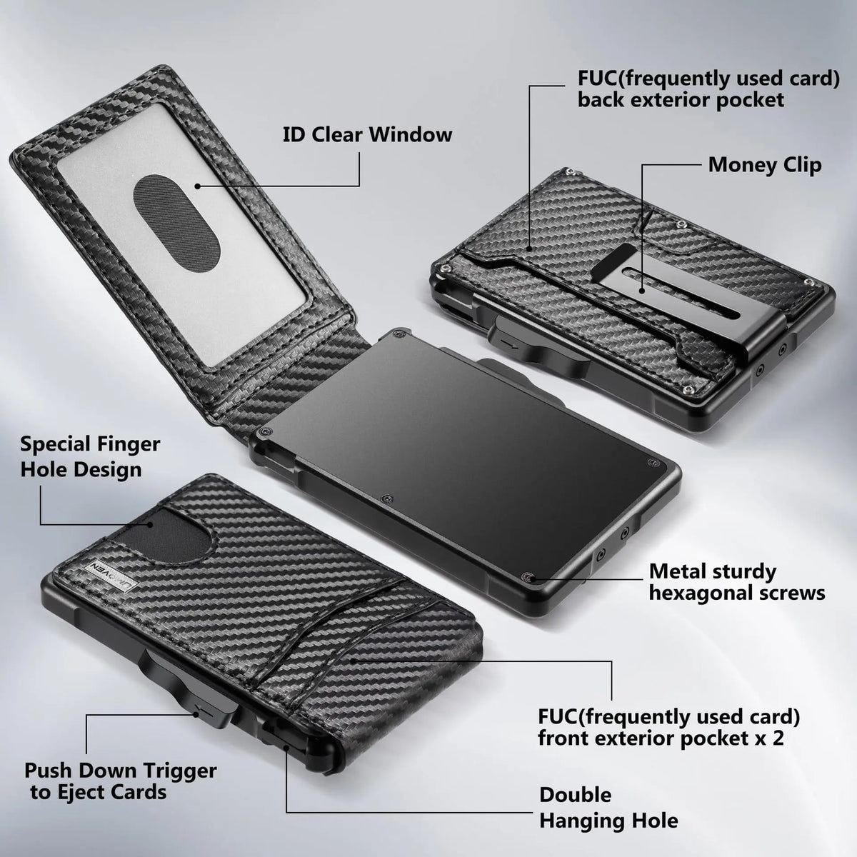 A black RFID blocking pop-up card holder wallet featuring a money clip and various storage pockets.