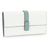 A white genuine cow leather bifold wallet with a light blue strap.