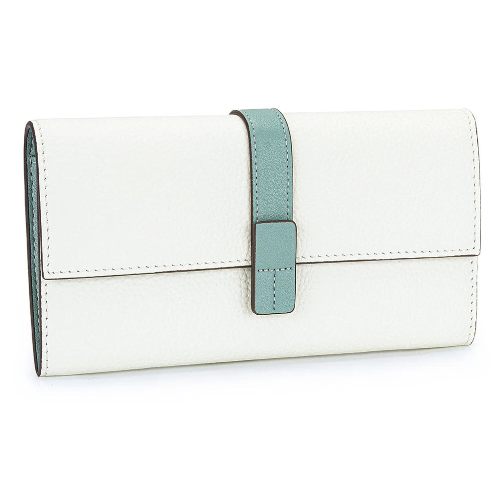A white genuine cow leather bifold wallet with a light blue strap.
