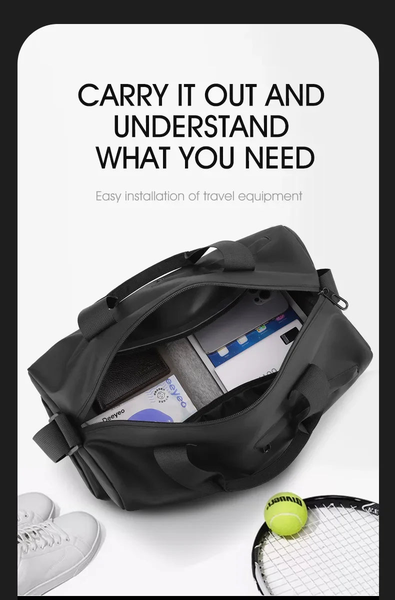 Black travel backpack with interior organization and a tennis racket visible.