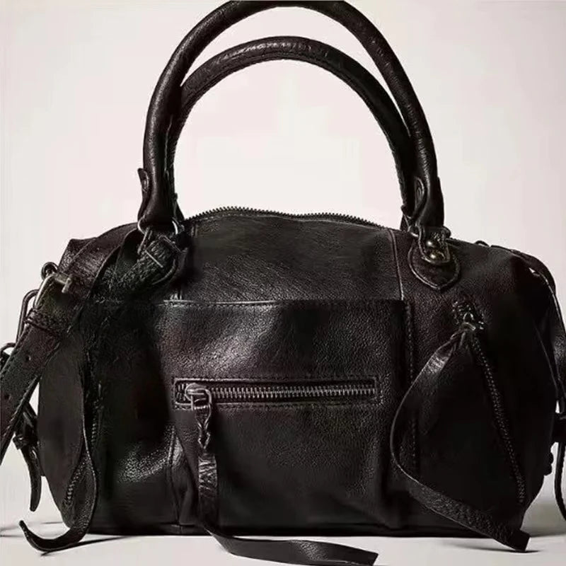 Black retro motorcycle PU leather crossbody shoulder bag with a top handle