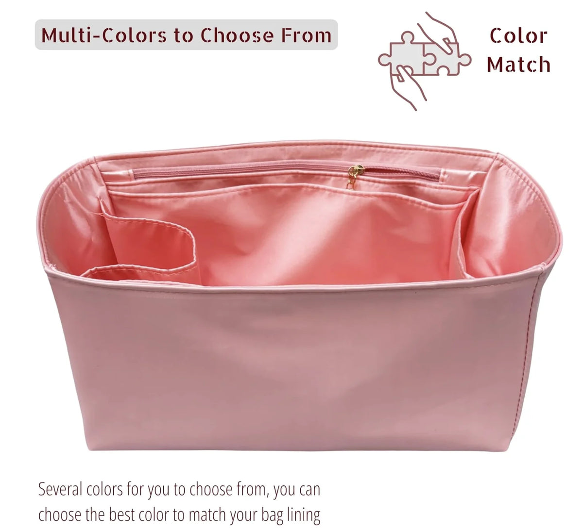 Pink luxury bag organizer insert with silk lining showing multi-color options for matching