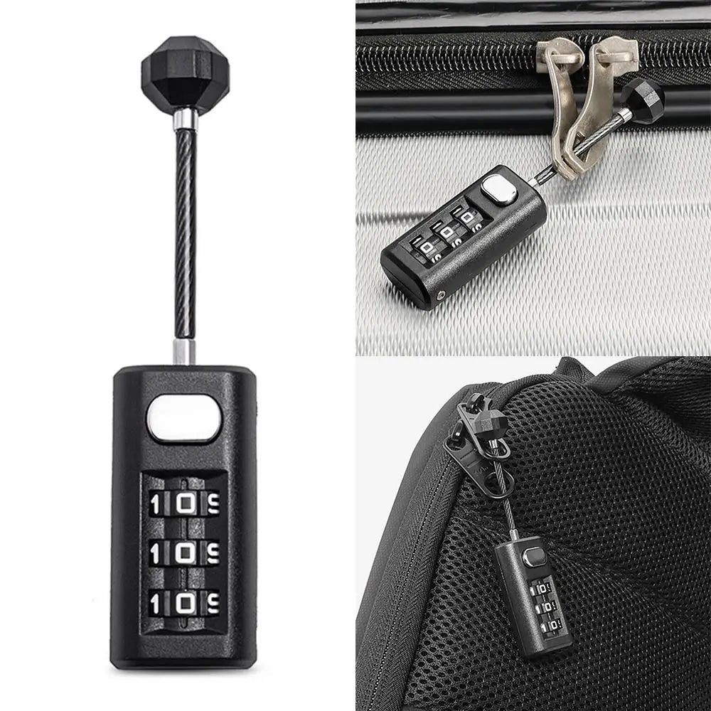 A black resettable 3-digit combination padlock with a metal hook and key shown against a gray background.