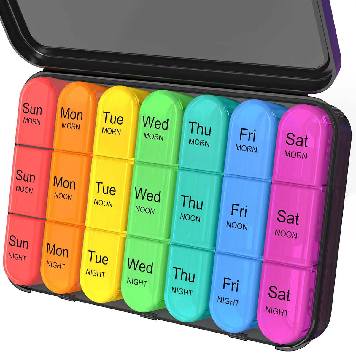 A weekly pill organizer with colored compartments for Sun through Sat, designed for travel.