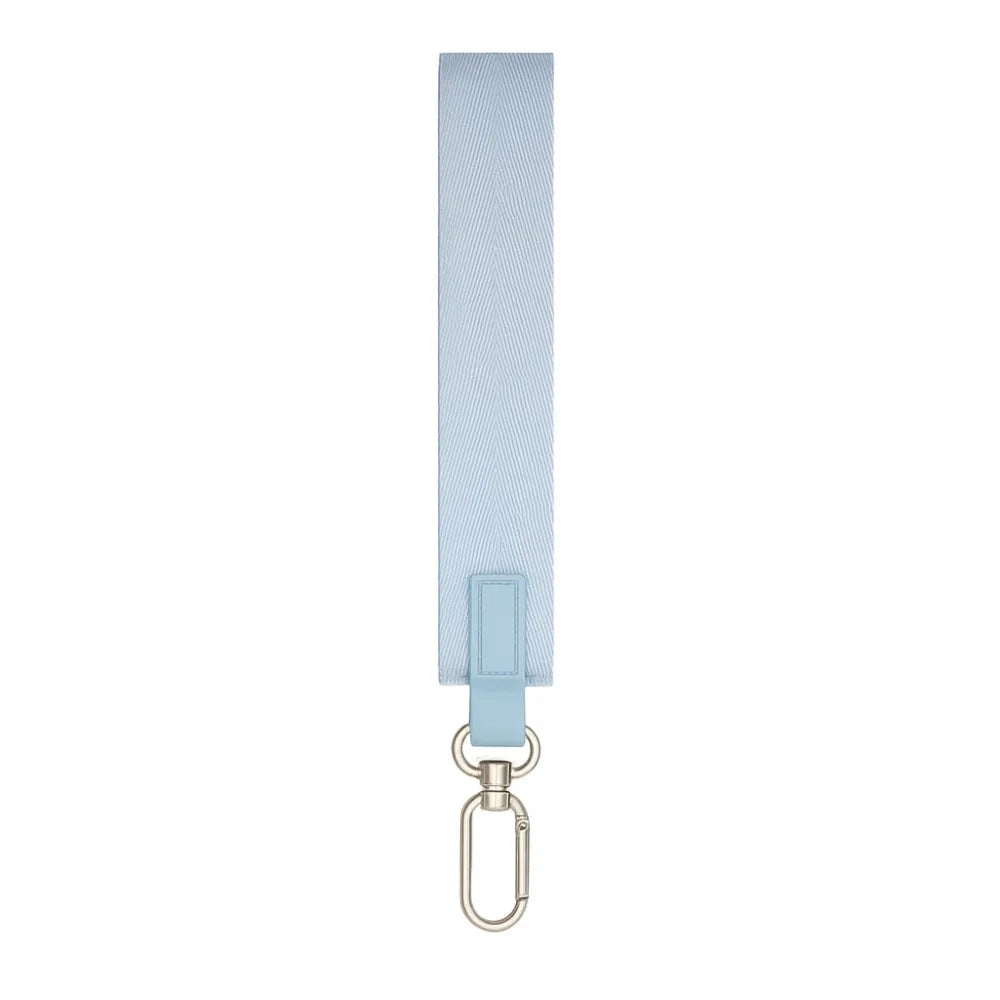 Light blue nylon wrist strap keychain with a metal clasp.