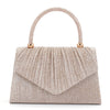 A light pink sequined lightweight crossbody evening bag with a gold-toned handle.