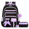 A purple and black 3-piece cartoon school bag set for girls featuring a backpack and accessories.