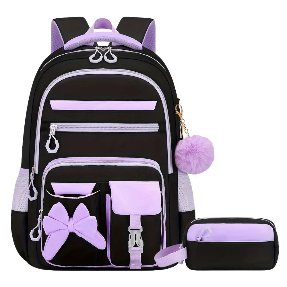 A purple and black 3-piece cartoon school bag set for girls featuring a backpack and accessories.