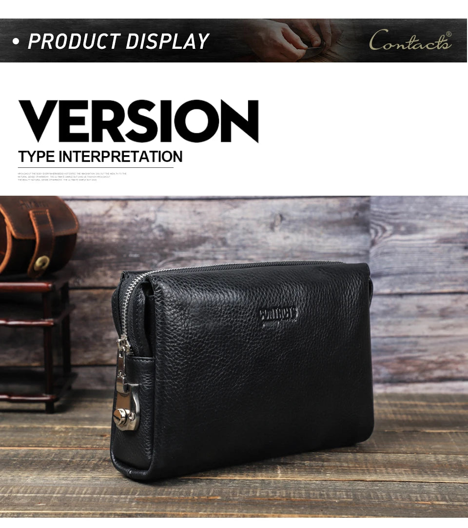 Portefeuille pochette en cuir véritable noir pour homme, exposé sur une surface en bois.