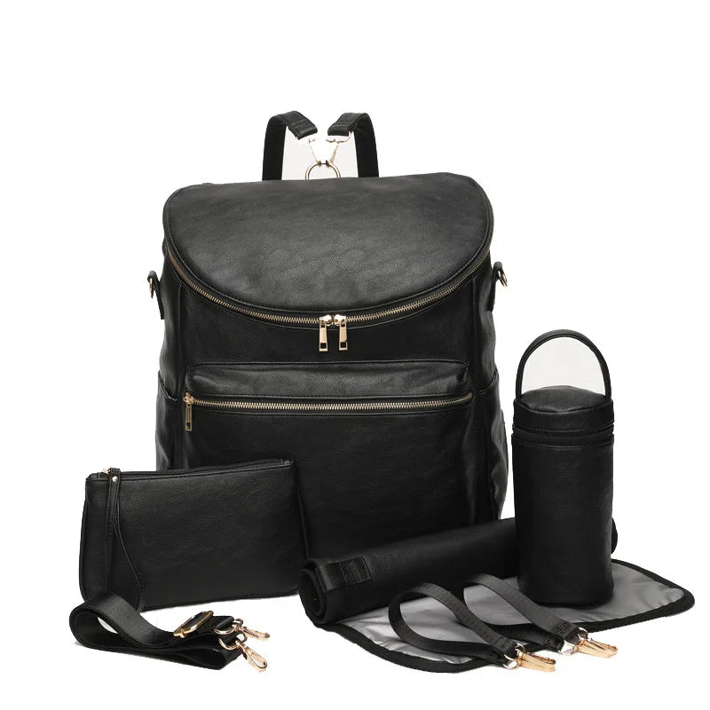 Black large capacity diaper bag backpack with multiple storage compartments and accessories