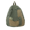 A olive green canvas fashion backpack with brown accents, shown from the back.